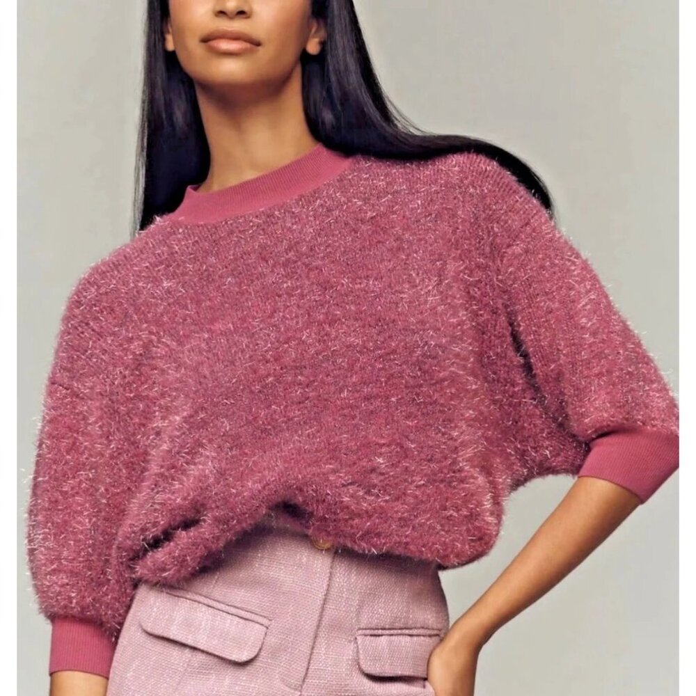 Anthropologie Maeve NWT Violetta Short Sleeve Open Back Sweater Pink Tinsel XL - Picture 2 of 12